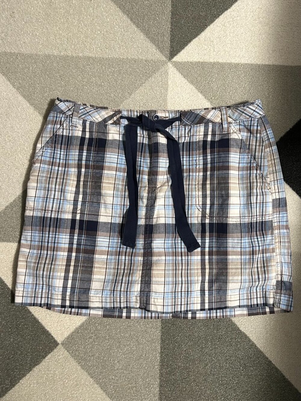 St. John's Bay Plaid Skort in Blue, Tan & White with Navy Drawstring